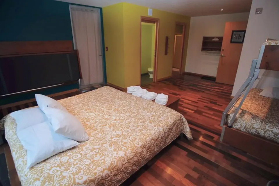Modern bedroom with hardwood floors and ensuite bathroom