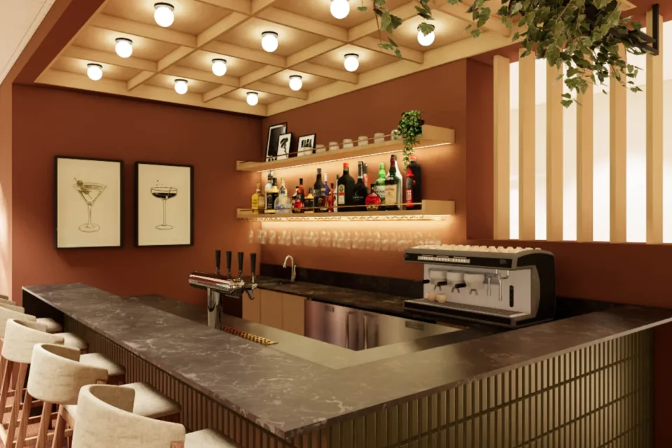 Modern cozy bar interior with counter and shelves