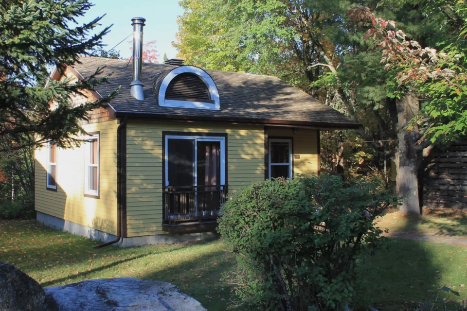 Petit chalet jaune entouré d’arbres et jardin