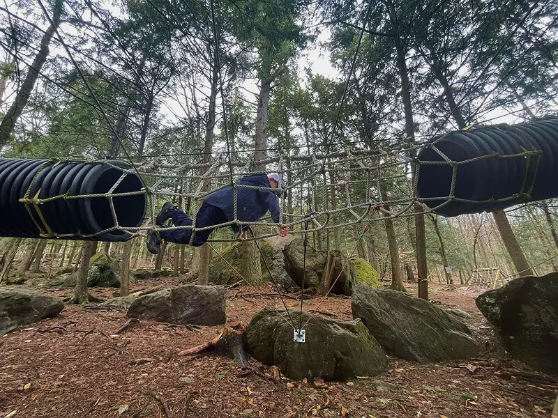 Personne traversant pont de cordes en forêt