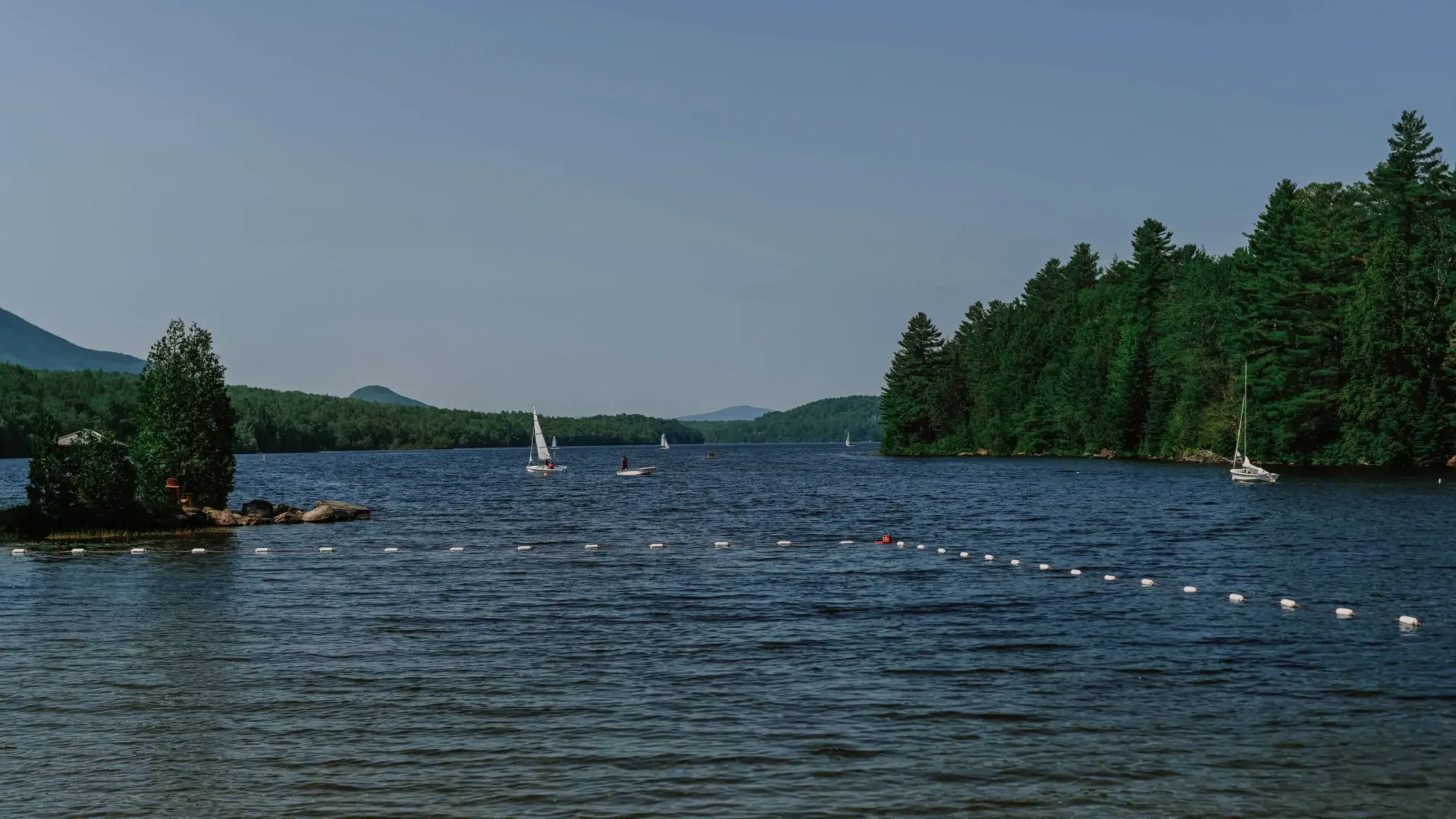 Voiliers sur lac entouré de forêt et montagnes