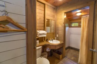 Rustic wooden cabin bathroom with sink and shower