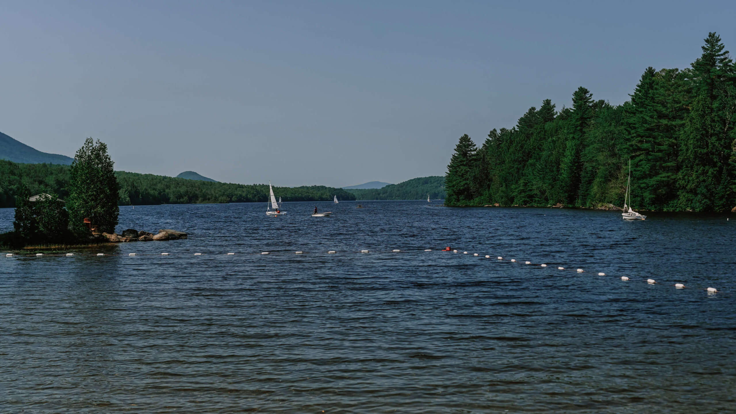 Voiliers sur lac entouré de forêt et collines