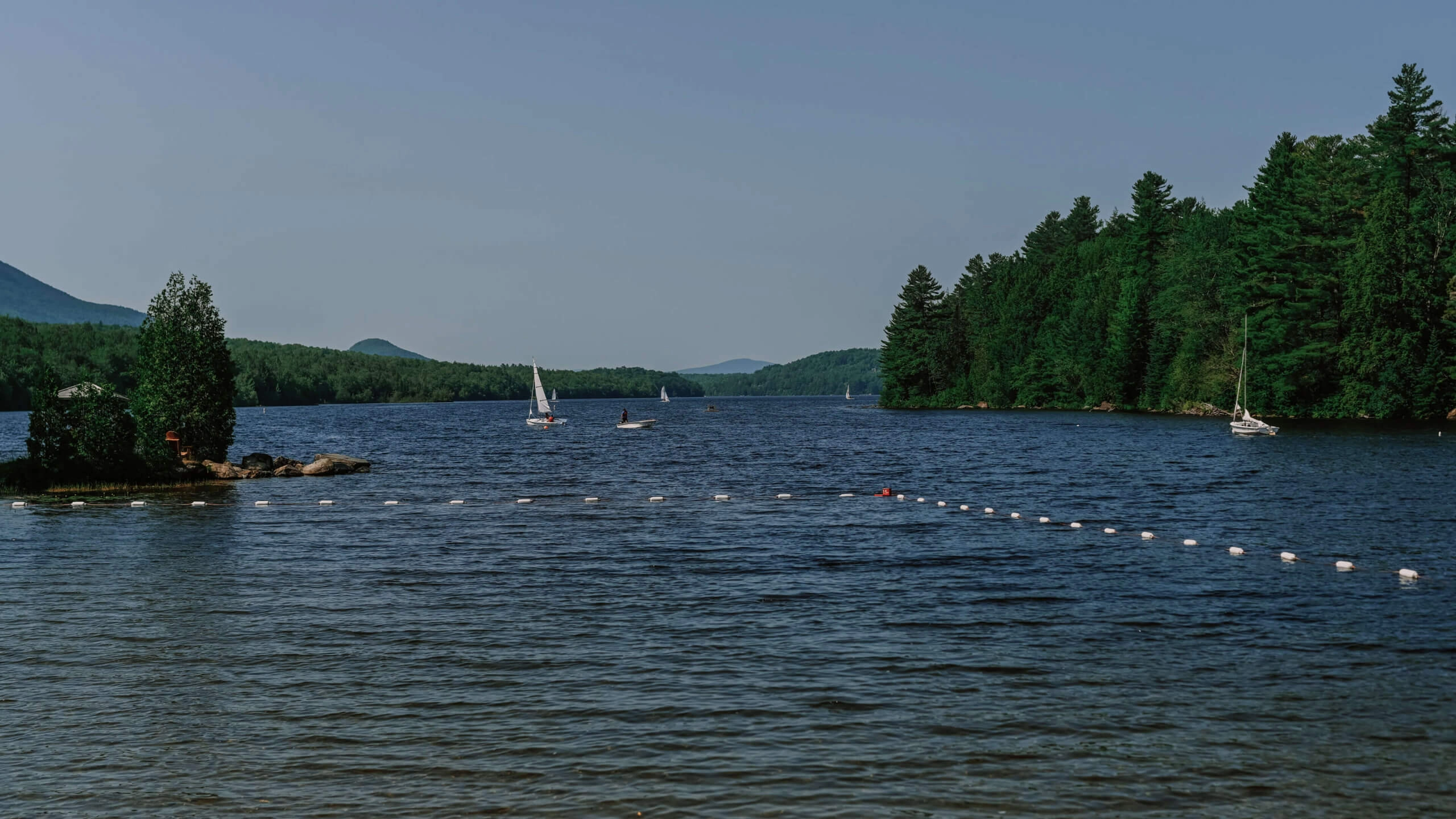 Voiliers sur lac entouré de forêt et collines
