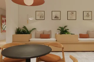 Salon moderne avec banquette en bois et plantes