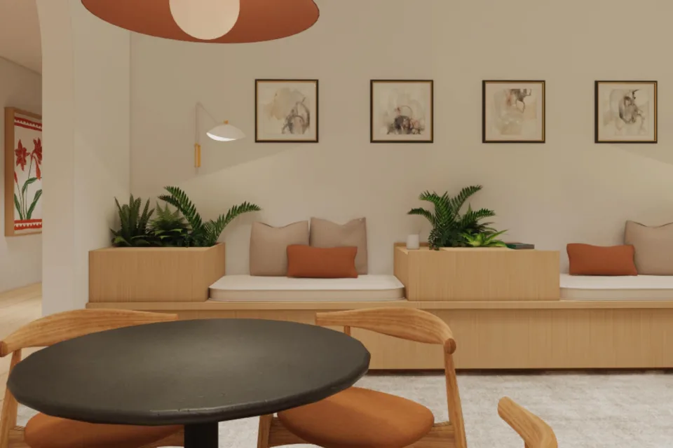 Modern cozy living room with bench seating and plants