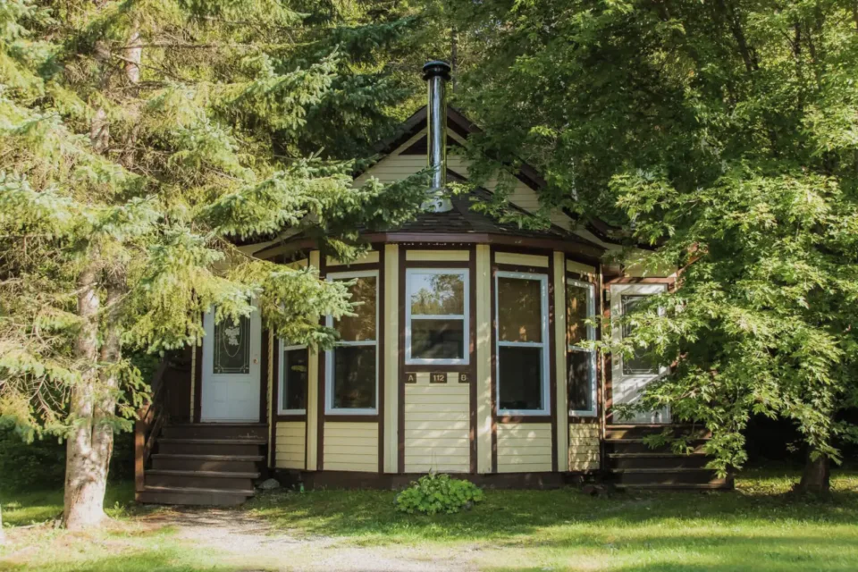 Small octagonal cabin surrounded by trees in forest