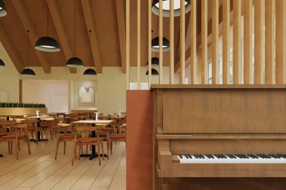 Modern wooden dining room interior with upright piano