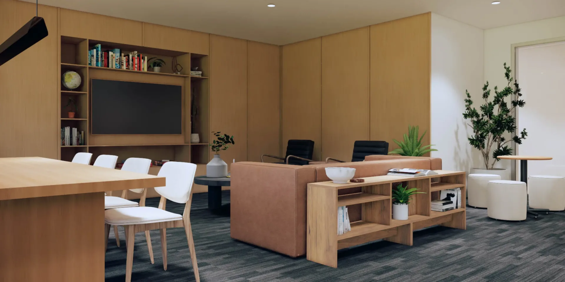 Modern lounge with wood paneling and sofa