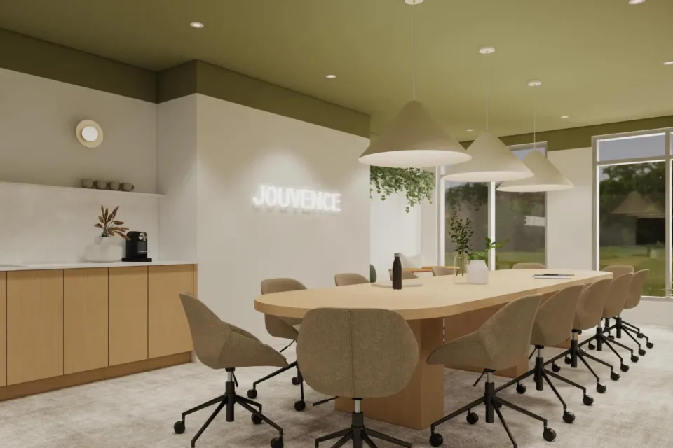 Modern conference room with wooden table and pendant lights