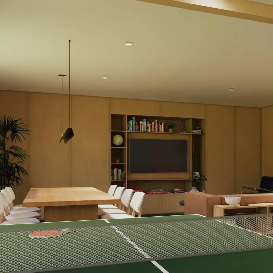 Modern wood-paneled lounge room with ping pong table