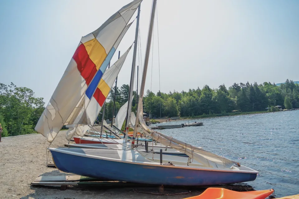 Small sailboats lined up on lakeshore beach